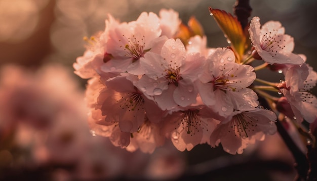 Een close up van een kersenbloesem waar de zon op schijnt