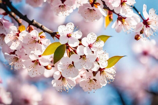 een close-up van een kersenbloesemboom met de hemel erachter