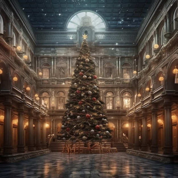 een close-up van een kerstboom in een gebouw met lichten generatieve ai