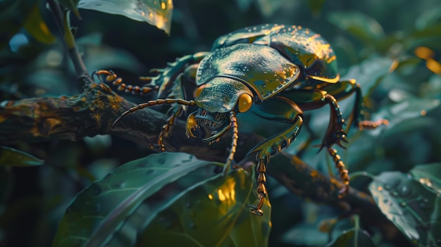 Een close-up van een kever met metalen tinten die op een bladrijke tak kruipt en de schittering van de natuur toont