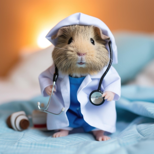 Een close-up van een kleine cavia in het uniform van een verpleegster