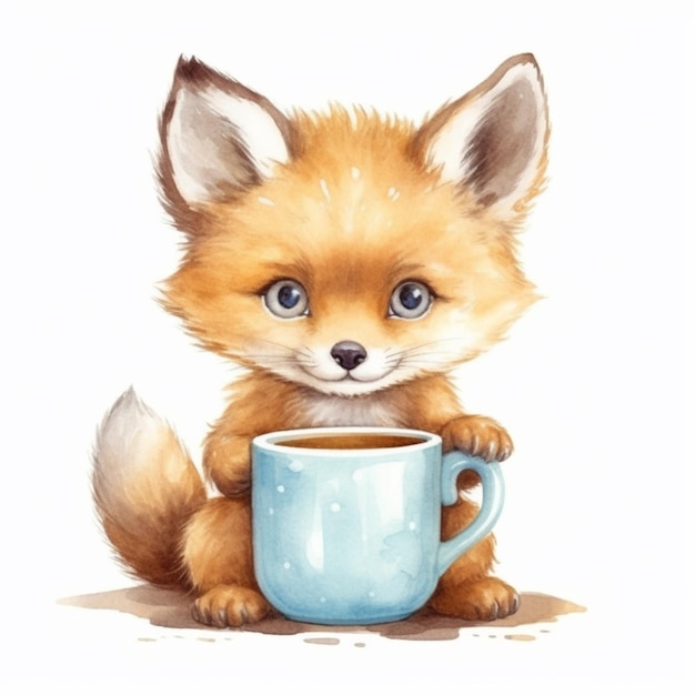 Een close-up van een kleine vos die een kopje koffie generatieve ai vasthoudt