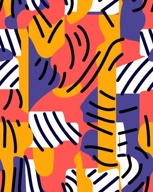 een close-up van een kleurrijk abstract patroon met zwart-witte lijnen generatieve ai