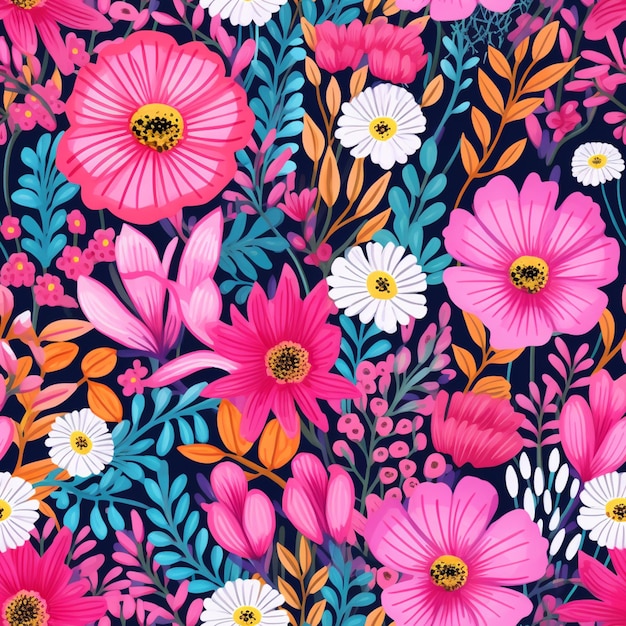 een close-up van een kleurrijk bloemenpatroon met veel verschillende bloemen generatieve ai