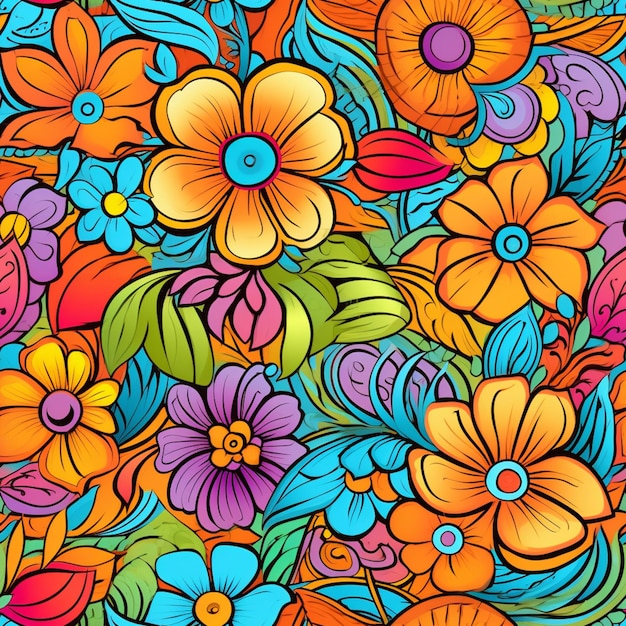 Een close-up van een kleurrijk bloemenpatroon met veel verschillende kleuren generatieve ai