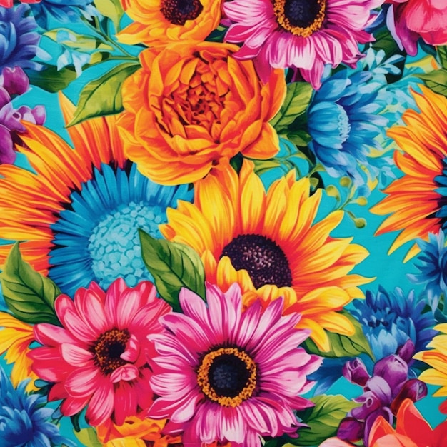 Een close-up van een kleurrijk bloemenpatroon op een blauwe achtergrond generatieve ai