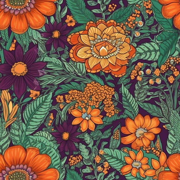 een close-up van een kleurrijk bloemenpatroon op een paarse achtergrond generatieve ai