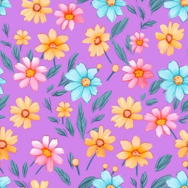 Een close-up van een kleurrijk bloemenpatroon op een paarse achtergrond generatieve ai