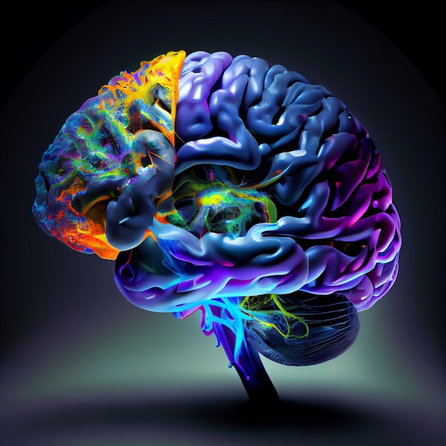 een close-up van een kleurrijk brein met een zwarte achtergrond generatieve ai