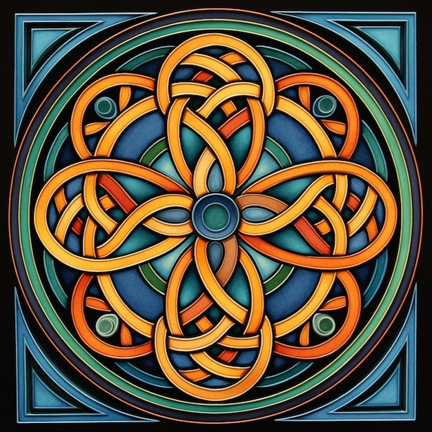een close-up van een kleurrijk cirkelvormig ontwerp met een zwarte achtergrond generatieve ai
