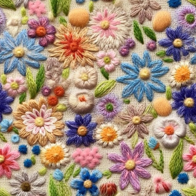 Een close-up van een kleurrijk geborduurd bloemenpatroon op een generatieve AI van witte stof