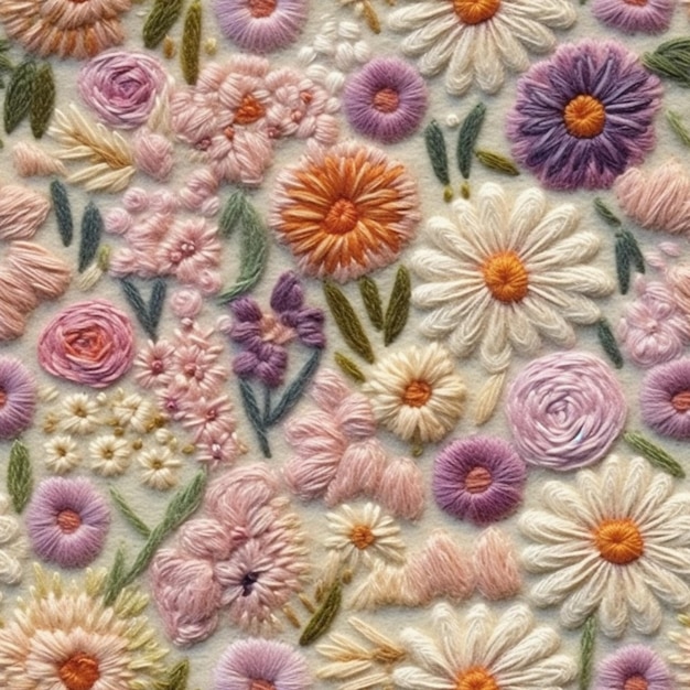 Een close-up van een kleurrijk geborduurd bloemenpatroon op een witte ondergrond generatieve ai