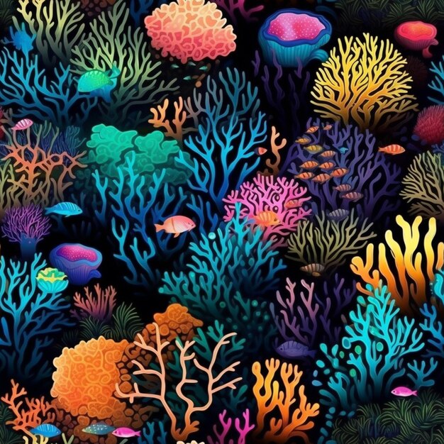 een close-up van een kleurrijk koraalrif met vissen en algen generatieve ai
