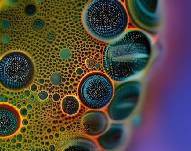 Een close-up van een kleurrijk object met cirkels van verschillende afmetingen en kleuren.