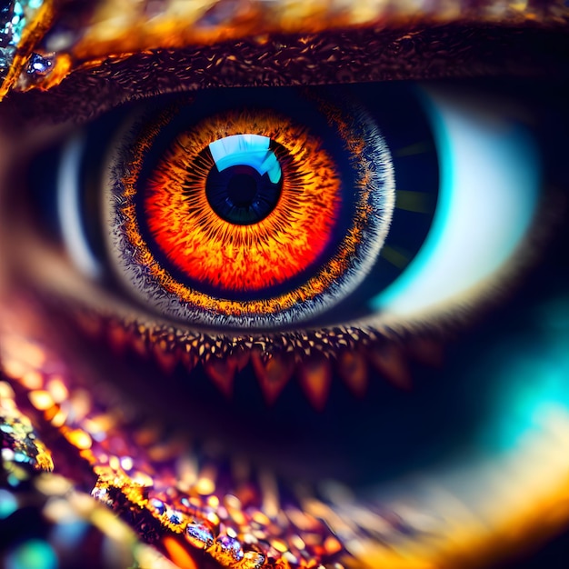 Een close-up van een kleurrijk oog met het woord vogel erop