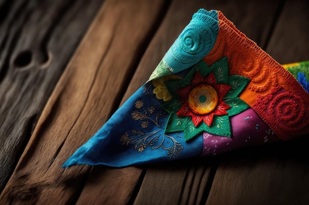 Een close-up van een kleurrijk servet op een houten tafel met verschillende texturen en patronen