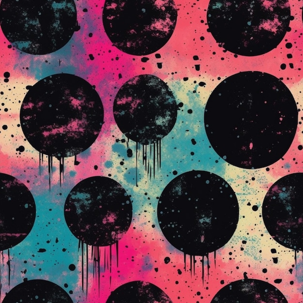 een close-up van een kleurrijke achtergrond met zwarte cirkels en verf generatieve ai