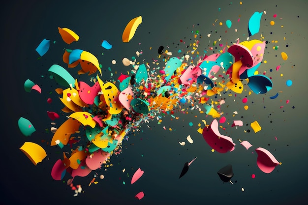 Een close-up van een kleurrijke confetti-explosie waarbij de afzonderlijke stukjes in verschillende richtingen vliegen
