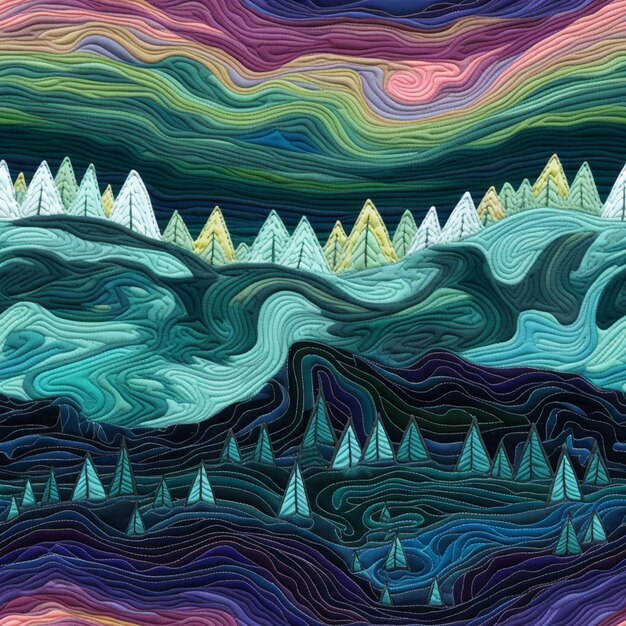 Een close-up van een kleurrijke deken met bergen en bomen generatieve ai