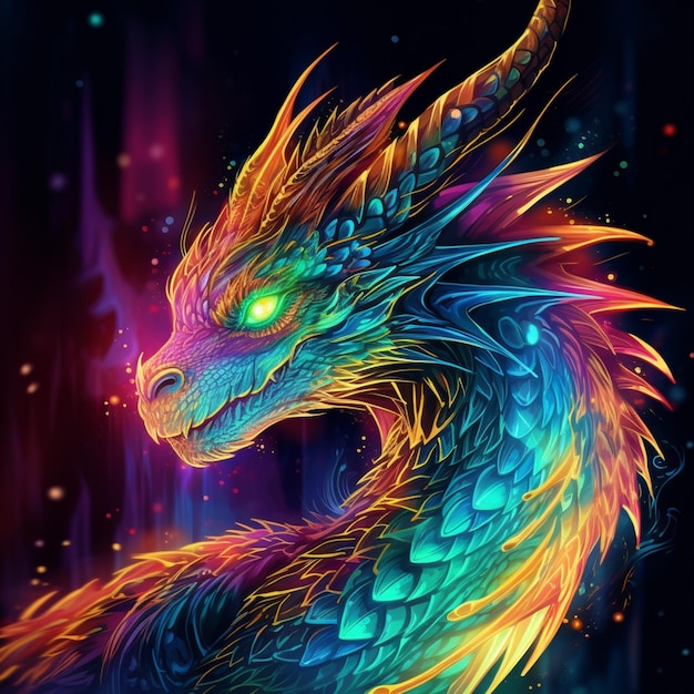 een close-up van een kleurrijke draak met gloeiende ogen generatieve ai