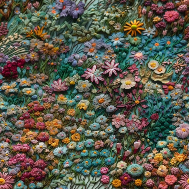 Foto een close-up van een kleurrijke geborduurde muur die met bloemen hangt