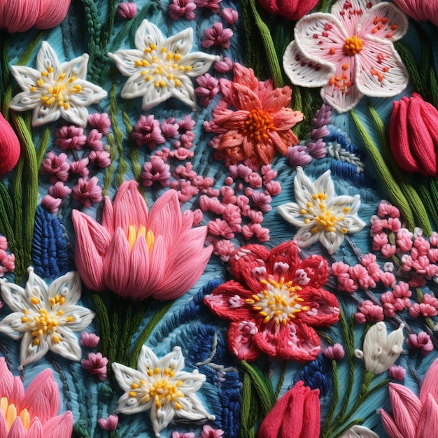 een close-up van een kleurrijke geborduurde stof met bloemen en bladeren generatieve ai