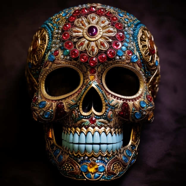 Een close up van een kleurrijke schedel met een zwarte achtergrond generatieve ai