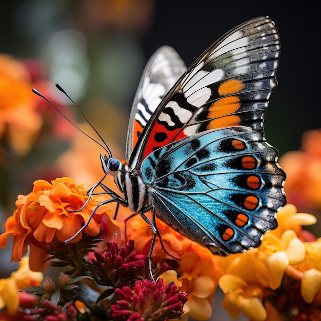 Een close-up van een kleurrijke vlinder die van een bloem eet