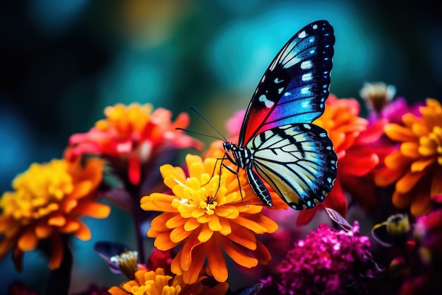 Een close-up van een kleurrijke vlinder op een levendige bloem die de delicate schoonheid van de natuur laat zien