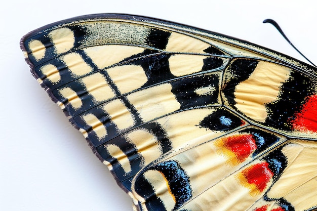 Een close-up van een kleurrijke vlindervleugel met ingewikkelde patronen en levendige kleuren op een witte achtergrond