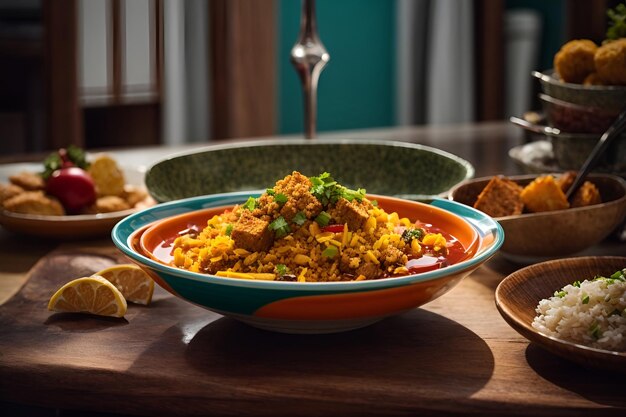 Een close-up van een kom eten op een tafel.