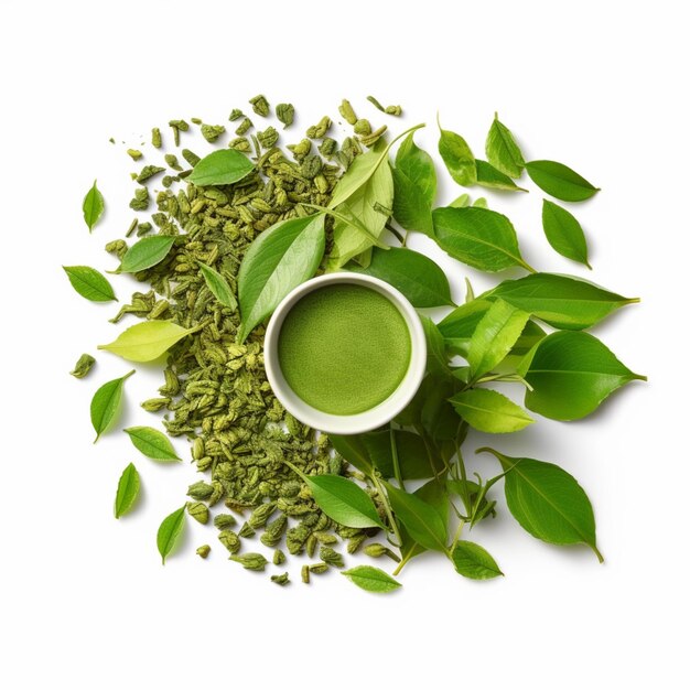 een close-up van een kom groene thee omringd door bladeren generatieve ai