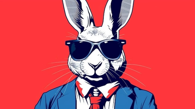 Een close-up van een konijn met een zonnebril en een generatieve AI-pak