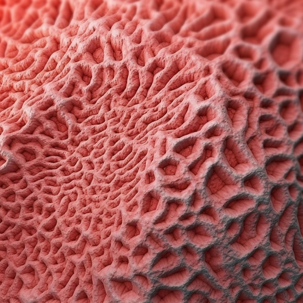 Een close-up van een koraalplant met een patroon van lichte en donkerrode nerven.