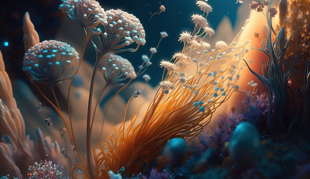 Een close-up van een koraalrif met een blauwe achtergrond en een bos oranje bloemen.