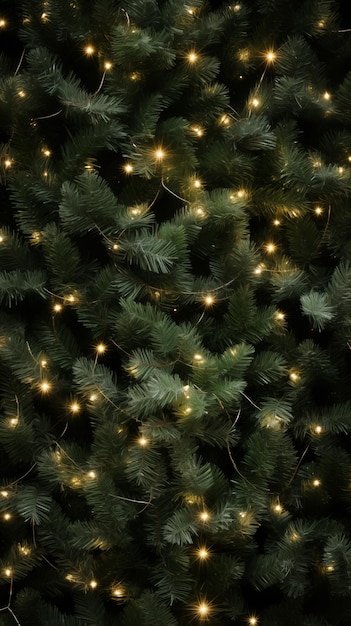 Een close-up van een krans tussen de takken van een kerstboom