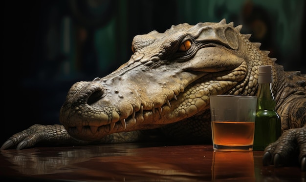 Een close-up van een krokodil bij een glas alcohol