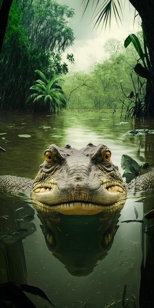 Een close-up van een krokodil die op een regenachtige dag in een bovenliggend meer in de jungle zwemt. Gegenereerd met AI