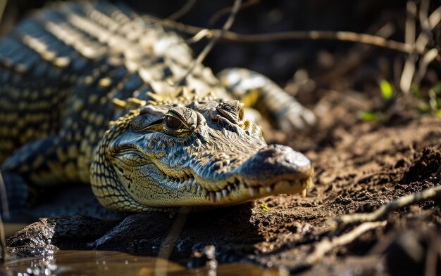 Een close-up van een krokodil die op een rivierbank nestelt