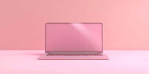 Een close-up van een laptopcomputer op een roze oppervlak generatieve ai