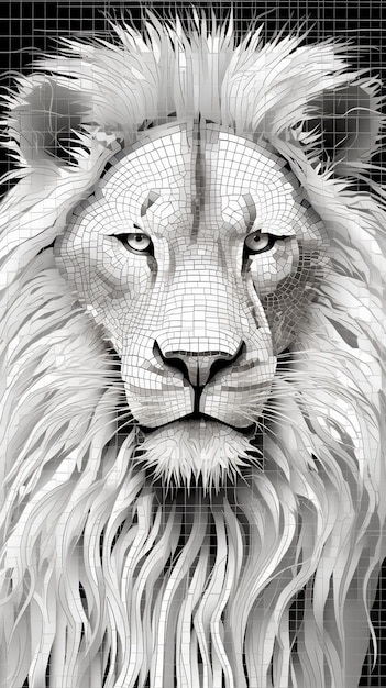 een close-up van een leeuwenkop met een raster van lijnen generatieve ai