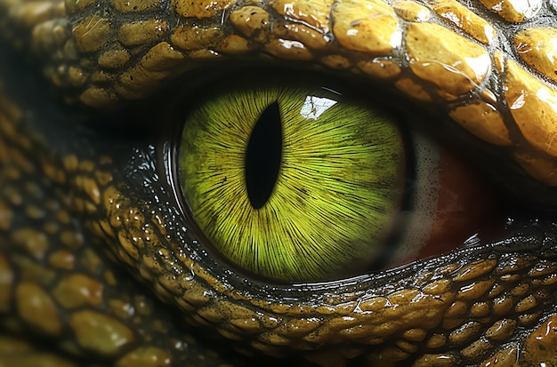Een close-up van een leguaanoog met een gele ring rond het oog