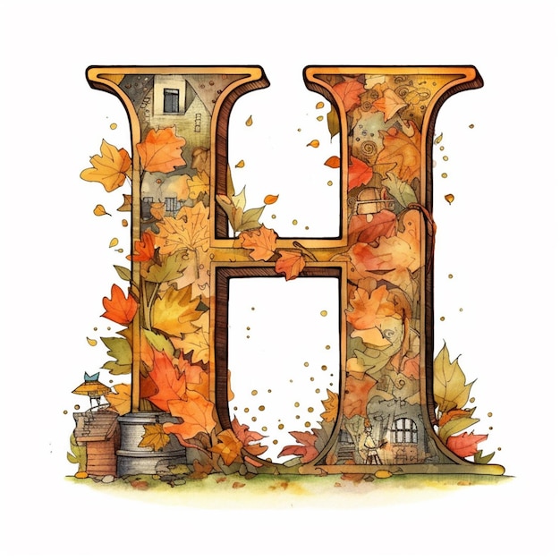 Foto een close-up van een letter h met herfstbladeren en een huis generatieve ai