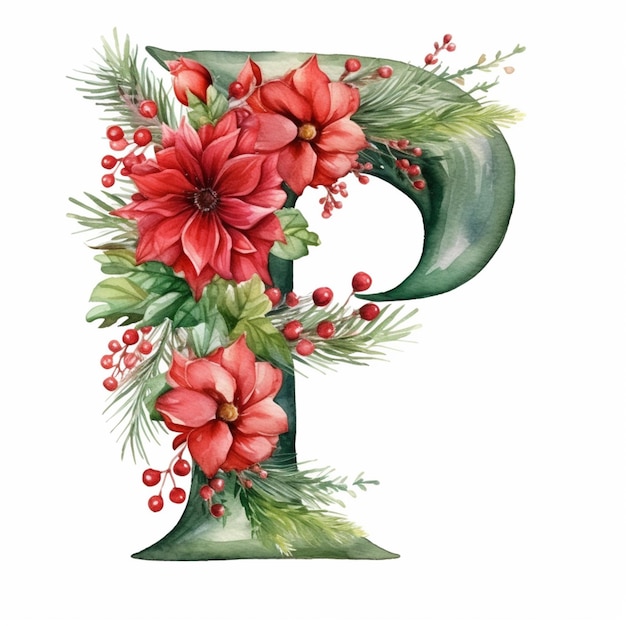een close-up van een letter p versierd met bloemen en bladeren generatieve ai