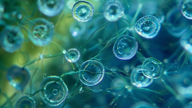 Een close-up van een levendige blauwgroene cyanobacteriënkolonie met talrijke ronde cellen verbonden door dunne