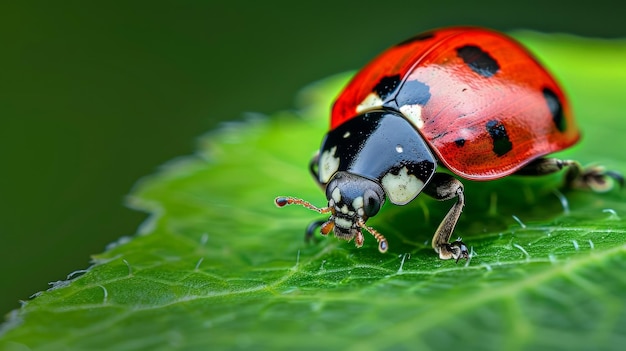 Een close-up van een lieveheersbeestje dat op een groen blad kruipt en het levendige contrast tussen zijn heldere rode kleur toont