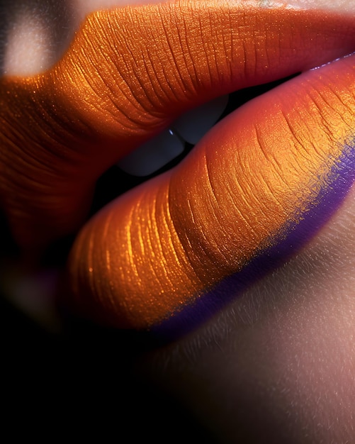 Een close-up van een lippenstift met een paarse en oranje tint.