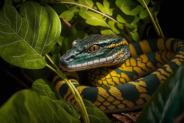 Een close-up van een lopetis-slang op sommige bladeren vooraanzicht van een leopeltis-slang