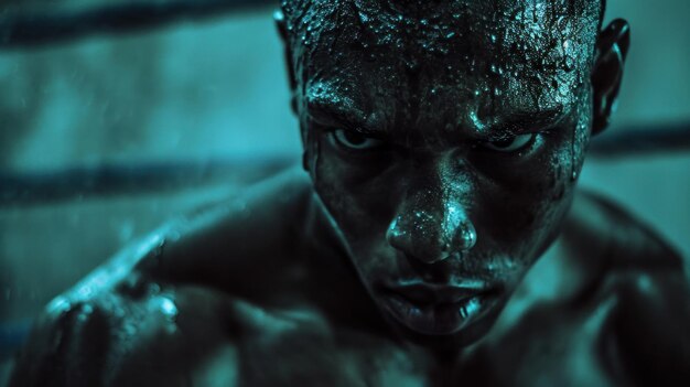 Een close-up van een man met water op zijn gezicht.