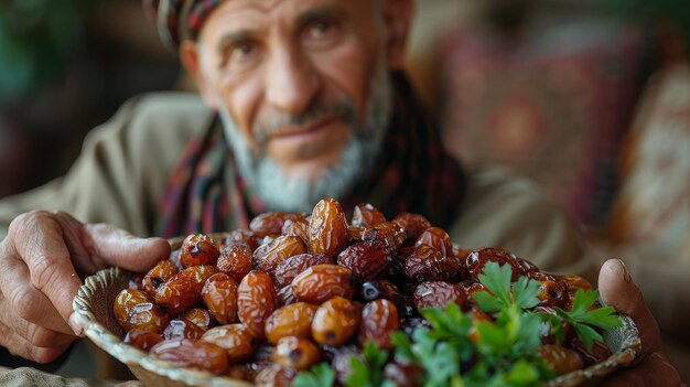 Een close-up van een man uit het Midden-Oosten die een date eet tijdens een Ramadan maaltijd thuis